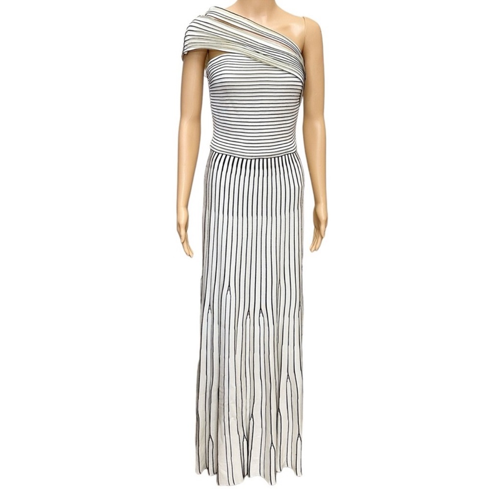 NWT ST. JOHN Striped Ottoman Pleated One Shoulder Gown Cream/Black Size 4 - Picture 9 of 17
